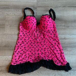LaSenza lingerie babydoll negligee top hot pink cherry print Y2K